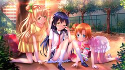  3girls all_fours ass backpack bag bandaid bandaid_on_knee blonde_hair blowing blue_eyes blue_hair blush brown_hair crying d; dress full-face_blush highres jungle_gym kneeling kousaka_honoka love_live!_school_idol_project minami_kotori multiple_girls open_mouth palms_on_ground panties pantyshot pantyshot_(sitting) randoseru school_uniform see-through serafuku sitting sonoda_umi spread_legs striped striped_panties swing_set swordsouls tagme underwear wink yellow_eyes younger 