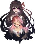  2girls akemi_homura akuma_homura bare_shoulders black_hair blood bloody_tears choker closed_eyes crying dress earrings elbow_gloves flower gloves goddess_madoka hair_flower hair_ornament hair_ribbon hand_on_another&#039;s_cheek hand_on_another&#039;s_face highres holding_head jewelry kaname_madoka kennymoney long_hair looking_at_viewer mahou_shoujo_madoka_magica mahou_shoujo_madoka_magica_movie multiple_girls red_rose ribbon rose simple_background smile spoilers star_(sky) two_side_up violet_eyes white_background 