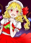  1girl ascot blonde_hair bow colored_eyelashes crystal curly_hair fangs finger_to_mouth flandre_scarlet gradient gradient_background hair_bow mob_cap open_mouth puffy_short_sleeves puffy_sleeves red_eyes red_skirt rosette_(pixiv) short_hair short_sleeves side_ponytail skirt skirt_set slit_pupils smile solo touhou vampire wings wrist_cuffs 