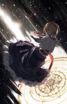  1girl alice_margatroid architecture blonde_hair blue_eyes book capelet dress frilled_ribbon frills frown gothic_architecture grimoire_of_alice hairband highres katann looking_back red_string ribbon solo string touhou 