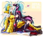  2014 2girls arai_nobu armor blue_eyes blue_hair blush cape closed_eyes dated female gemini_integra gemini_paradox heart kiss long_hair multiple_girls saint_seiya saint_seiya_omega siblings sisters yuri 