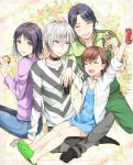  1boy 3girls accelerator ahoge alcohol beer blue_hair blush brown_hair last_order multiple_girls sakamuke shirt slippers smile striped striped_shirt to_aru_majutsu_no_index white_hair yomikawa_aiho yoshikawa_kikyou 