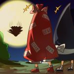  3girls falling fujiwara_no_mokou full_moon hat houraisan_kaguya kirisame_marisa long_dress long_hair moon multiple_girls night night_sky outdoors oversized_clothes peninsula_(disappearedstump) ribbon silhouette sky standing talismans touhou what witch_hat 