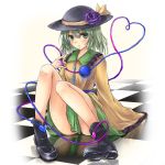  1girl boots censored convenient_censoring flower green_eyes green_hair hat hat_flower hat_ribbon heart heart_of_string komeiji_koishi long_sleeves looking_at_viewer purple_rose reflective_floor ribbon rose shirt sitting skirt solo third_eye tile_floor tiles touhou wide_sleeves wy-nn 