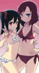  2girls ass bangs bare_shoulders bikini black_hair blush flat_chest frilled_bikini frills front-tie_top grin hair_between_eyes halftone halftone_background hand_on_hip long_hair looking_at_viewer love_live!_school_idol_project multiple_girls navel nishikino_maki red_bikini red_eyes redhead serious side-tie_bikini smile sweatdrop swept_bangs swimsuit twintails v violet_eyes white_bikini white_swimsuit yazawa_nico yu_65026 