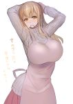  1girl apron arms_up breasts brown_eyes brown_hair highres huge_breasts koruse long_hair looking_at_viewer mouth_hold ribbed_sweater smile solo sunoharasou_no_kanrinin-san sweater translation_request turtleneck turtleneck_sweater 