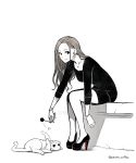  1girl breasts cat collarbone ear_piercing earrings heart high_heels highres jewelry long_hair monochrome necklace original parted_lips piercing pigeon-toed poaro simple_background sitting solo spot_color twitter_username white_background 