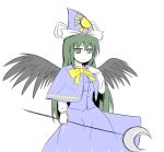  1girl bow capelet crescent dress green_eyes green_hair hat kita_(higan) long_hair mima simple_background solo staff touhou touhou_(pc-98) wings wizard_hat 