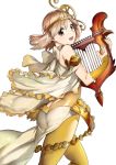  1girl bare_shoulders blonde_hair character_request harp instrument looking_at_viewer looking_back mikurou_(nayuta) open_mouth short_hair smile solo yellow_legwear 