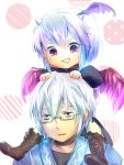 &gt;:&gt; 1boy 1girl blue_hair boots carrying choker cross-laced_footwear glasses hands_on_another&#039;s_head head_wings hetero horns morichika_rinnosuke no_nose puffy_sleeves red_eyes shoulder_carry simple_background sweatdrop tokiko_(touhou) touhou wings yuichiitan 