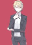  1boy adjusting_clothes blonde_hair dangan_ronpa formal glasses highres male necktie shiro_negi solo suit togami_byakuya 