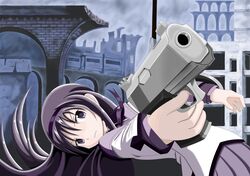  1girl absurdres akemi_homura black_hair city finger_on_trigger gun hairband handgun highres leaning long_hair magical_girl mahou_shoujo_madoka_magica mahou_shoujo_madoka_magica_movie ruins sig_sauer sig_sauer_p226 skirt solo violet_eyes weapon 