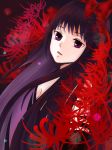  1girl akemi_homura akuma_homura bare_shoulders black_hair bow dress elbow_gloves flower gloves hair_bow highres long_hair looking_at_viewer mahou_shoujo_madoka_magica mahou_shoujo_madoka_magica_movie open_mouth simple_background spider_lily spoilers violet_eyes 