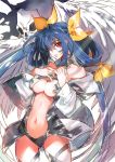 1girl asymmetrical_wings bare_shoulders black_panties blue_hair breasts choker creayus dizzy guilty_gear hair_ribbon long_hair navel panties parted_lips red_eyes ribbon rough skull solo tail tail_ribbon thigh-highs twintails under_boob underwear wings
