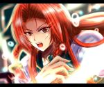  1girl bow braid bust fingernails glowing glowing_eyes hair_bow hong_meiling letterboxed light_particles light_trail long_hair looking_at_viewer open_mouth red_eyes redhead solo touhou twin_braids wendell 