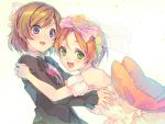  2girls :d blush bow brown_hair choker dress earrings flower formal green_eyes hair_bow hair_ribbon hoshizora_rin hug imomu jewelry koizumi_hanayo love_live!_school_idol_project multiple_girls open_mouth orange_hair ribbon short_hair smile suit veil violet_eyes white_background white_dress 