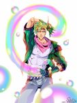  1boy artist_name blonde_hair bubble caesar_anthonio_zeppeli facial_mark feathers fingerless_gloves gloves green_eyes green_jacket hair_feathers headband highres jojo_no_kimyou_na_bouken seklutz solo watermark web_address 