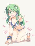  1girl alternate_costume bare_shoulders bikini breasts cleavage frog_hair_ornament front-tie_top green_eyes green_hair hair_ornament heart kochiya_sanae long_hair looking_at_viewer navel one_eye_closed open_mouth rough sandals satou_kibi simple_background smile snake_hair_ornament solo swimsuit touhou v wink 