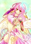  1girl angel_wings bare_shoulders blush breasts crop_top feathered_wings gloves hand_on_own_chest jibril_(no_game_no_life) large_breasts long_hair low_wings midriff mismatched_legwear navel no_game_no_life orange_eyes pink_hair shizen_sora sideboob solo taut_clothes tongue tongue_out white_wings wings 