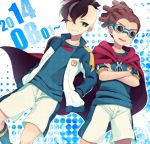 2boys brown_hair cape crossed_arms dated dutch_angle fudou_akio goggles grin hairlocs hands_in_pockets inazuma_eleven inazuma_eleven_(series) kidou_yuuto male multiple_boys one_eye_closed open_clothes open_jacket open_mouth saku_anna smile soccer_uniform sportswear track_jacket wink 