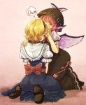  2girls alice_margatroid animal_ears bird_wings black_dress blonde_hair blue_dress blush bow capelet closed_eyes dress hairband hat heart kiss kneeling looking_at_another looking_up multiple_girls mystia_lorelei pink_hair puffy_sleeves sash shoes short_hair short_sleeves simple_background sitting text touhou urin wings yuri 