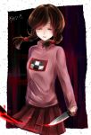  1girl blood braid brown_hair checkered checkered_skirt closed_eyes hair_bobbles hair_ornament highres knife long_hair madotsuki mutou_(ps-101523) skirt solo twin_braids twintails yume_nikki 