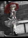  1girl ankle_socks arm_behind_back blonde_hair dress greyscale high_heels highres kuro_ni letterboxed looking_at_viewer maribel_hearn mob_cap monochrome one_eye_closed railing rain short_hair smile solo spot_color stairway touhou umbrella wink 