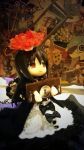  1girl akemi_homura black_hair figure flower funeral_dress guillotine hairband long_hair mahou_shoujo_madoka_magica mahou_shoujo_madoka_magica_movie red_eyes solo spider_lily spoilers stocks tagme 