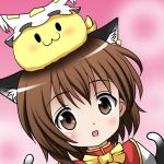  1girl :3 animal_ears animal_on_head bow brown_eyes brown_hair bust cat_ears cat_tail chen commentary_request dress ear_piercing fox_tail gochuumon_wa_usagi_desuka? hat hat_with_ears jewelry looking_at_viewer multiple_tails open_mouth piercing red_dress shirt single_earring smile tail touhou yakumo_ran yakumo_ran_(fox) yutanpo-2 