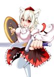  1girl :3 animal_ears bare_shoulders blush breasts chikinman detached_sleeves fang hat inubashiri_momiji looking_at_viewer open_mouth pom_pom_(clothes) red_eyes sarashi shield short_hair silver_hair simple_background solo sword tail tokin_hat touhou weapon white_background wolf_ears wolf_tail 
