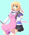  1girl adapted_costume apron aqua_background arm_warmers blonde_hair gomi_(gomitin) green_eyes hand_on_hip looking_at_viewer mizuhashi_parsee open_mouth pointy_ears scarf shirt short_sleeves simple_background skirt smile solo touhou 