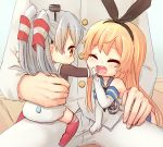  2girls admiral_(kantai_collection) amatsukaze_(kantai_collection) baby blonde_hair blush child closed_eyes diaper elbow_gloves gloves hat headband kantai_collection multiple_girls open_mouth orange_eyes personification sad_fuka shimakaze_(kantai_collection) silver_hair thighhighs twintails young 