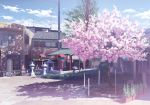  architecture cherry_blossoms city clouds east_asian_architecture highres house isou_nagi lantern laundry_pole original rope satellite_dish scenery shrine sky spring_(season) telephone_pole tree 
