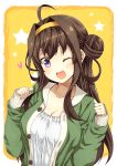 1girl ahoge alternate_costume blush breasts brown_hair casual cleavage hairband heart kantai_collection kongou_(kantai_collection) kouji_(campus_life) long_hair looking_at_viewer one_eye_closed open_mouth personification solo star violet_eyes wink yellow_background 
