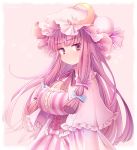  1girl blush bow breasts cleavage crescent hair_bow hat kiri_futoshi large_breasts long_hair looking_at_viewer patchouli_knowledge purple_hair solo touhou violet_eyes 