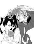  2girls akinai_ari back-to-back bowtie dual_persona ene_(kagerou_project) enomoto_takane grin kagerou_project long_hair monochrome multiple_girls one_eye_closed smile spoilers twintails wink 
