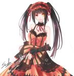  1girl absurdres bare_shoulders black_hair breasts chain choker cleavage clock_eyes date_a_live detached_sleeves dress gothic_lolita gun hairband heterochromia highres lolita_fashion lolita_hairband long_hair over-maple red_eyes red_ribbon ribbon smile solo tokisaki_kurumi twintails weapon white_background yellow_eyes 