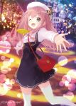  1girl ;d ange_vierge aqua_eyes bag dress dress_shirt handbag happy hat lamppost long_hair one_eye_closed open_mouth outstretched_arms pink_hair pleated_dress shirabi_(life-is-free) shirt smile solo spread_arms thigh-highs white_legwear wink 