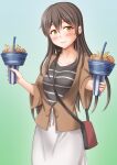  1girl akagi_(kancolle) anti_(untea9) bag bowl breasts brown_eyes brown_hair brown_jacket casual collarbone cup disposable_cup drink drinking_straw eyebrows_visible_through_hair food french_fries gradient gradient_background green_background hair_between_eyes highres holding holding_cup jacket kantai_collection lips long_hair long_skirt long_sleeves looking_at_viewer meatball medium_breasts shirt skirt smile solo straight_hair striped striped_shirt white_skirt 