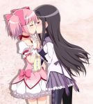  2girls akemi_homura black_hair blush bow bubble_skirt choker closed_eyes gloves hair_bow hairband highres holding_hands interlocked_fingers kairakuen_umenoka kaname_madoka long_hair looking_at_another magical_girl mahou_shoujo_madoka_magica multiple_girls pantyhose pink_hair short_twintails skirt twintails white_gloves yuri 