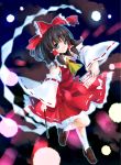  1girl ascot black_hair blue_eyes bow detached_sleeves gohei hair_bow hair_tubes hakurei_reimu makuwauri ofuda shoes smile solo touhou 