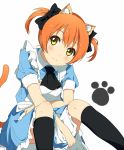  1girl alternate_costume alternate_hairstyle animal_ears apron black_legwear blue_dress blush cat_ears cat_tail dress hoshizora_rin love_live!_school_idol_project necktie ogipote orange_hair puffy_sleeves short_hair short_sleeves smile solo tail thigh-highs twintails white_background yellow_eyes 