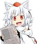  1girl animal_ears bare_shoulders detached_sleeves hat holding inubashiri_momiji kokutei_n looking_at_viewer open_mouth paper pom_pom_(clothes) red_eyes short_hair silver_hair simple_background solo tail tokin_hat touhou white_background wolf_ears wolf_tail 