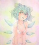  1girl bikini blue_eyes blue_hair bow cirno hair_bow highres ice ice_wings leaning_forward looking_at_viewer navel open_mouth skindentation small_breasts solo swimsuit touhou traditional_media watercolor_(medium) wings yuyu_(00365676) 