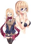  2girls bikini black_bikini black_legwear blazer blonde_hair blue_eyes breast_suppress breasts breath bust cardigan cleavage glasses hair_between_eyes hands_together large_breasts long_hair multiple_girls navel necktie off_shoulder original plaid plaid_scarf pleated_skirt scarf school_uniform semi-rimless_glasses simple_background skirt smile string_bikini swimsuit tachibana_yuu thigh-highs under-rim_glasses violet_eyes white_background zettai_ryouiki 