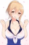  1girl bare_shoulders blonde_hair blush breasts cleavage collarbone heart large_breasts looking_at_viewer nekoume open_mouth original ponytail sleeveless smile solo sunoharasou_no_kanrinin-san yellow_eyes 