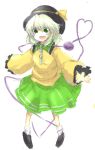  1girl :d green_eyes green_skirt hat hat_ribbon heart heart_of_string komeiji_koishi long_sleeves open_mouth outstretched_arms pigeon-toed ribbon shoes simple_background skirt smile socks solo third_eye touhou wide_sleeves yuichiitan 