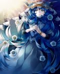  1girl blue_hair dress flower hands_clasped horn jewelry long_hair original solo veil yumemeko 