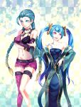 aqua_hair bare_shoulders blue_eyes blue_hair braid breasts bullet cleavage cosplay costume_switch fingerless_gloves flat_chest gloves highres jewelry jinx_(league_of_legends) large_breasts league_of_legends long_hair ml6130605 navel necklace open_mouth pink_eyes smile sona_buvelle tattoo thigh-highs treble_clef twin_braids twintails very_long_hair 