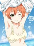  1girl bikini_top blush ginmaru hoshizora_rin looking_at_viewer love_live!_school_idol_project one_eye_closed orange_hair short_hair smile solo undressing water wink yellow_eyes 